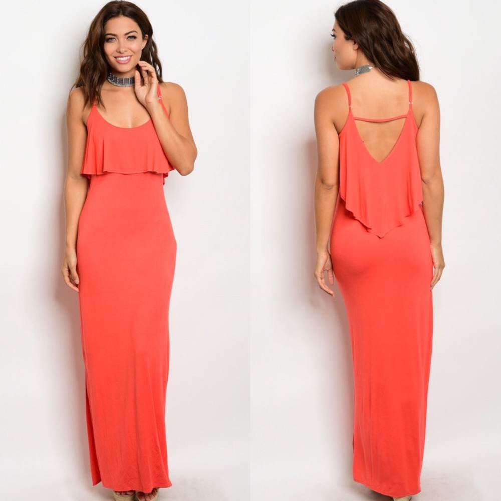 Coral Spaghetti Strap Ruffle Maxi